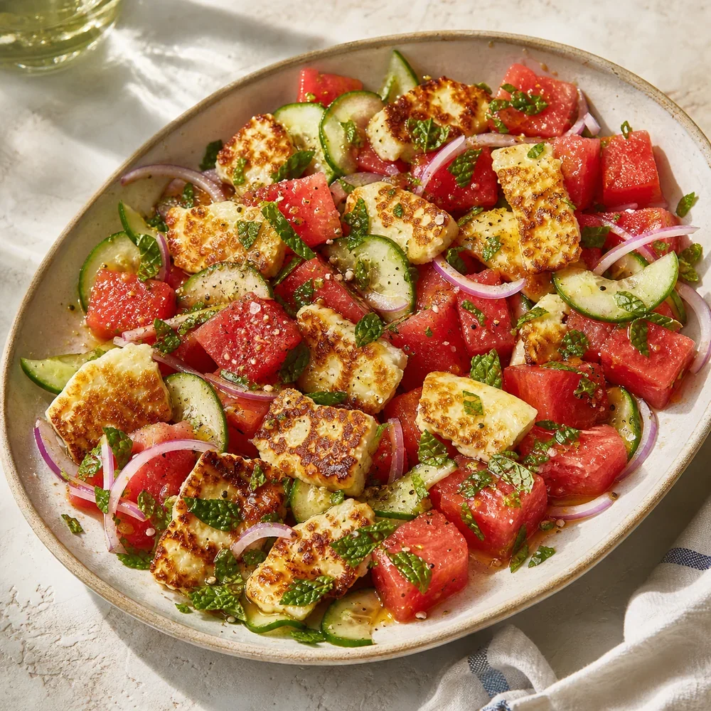 Finished halloumi and watermelon salad with cucumber, red onion, and mint