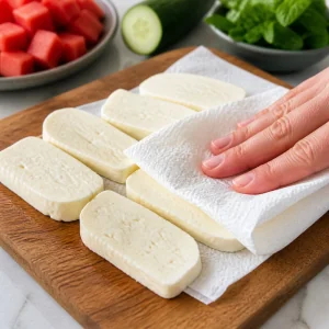 Halloumi slices being dried with paper towels
