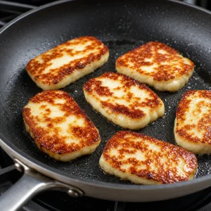 Halloumi slices searing until golden in a skillet