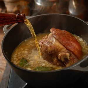 Beer poured around browned pork knuckle with bay leaves