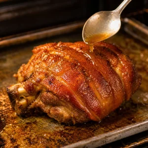 Crisping pork knuckle on a baking sheet with glossy skin