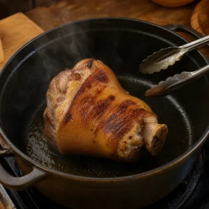 Pork knuckle browning in a Dutch oven