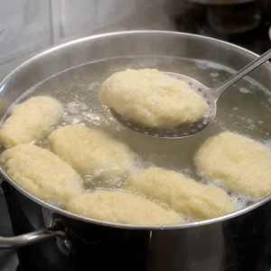 Puffed dumplings floating in simmering water