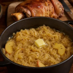 Sauerkraut warming with melting butter in the braising pot