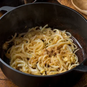 Sliced onions and garlic softening in the braising pot
