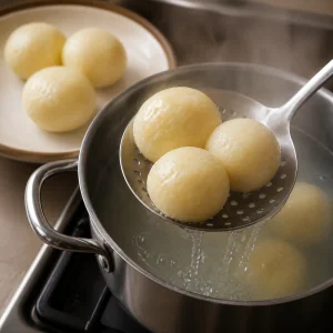 Cooked dumplings draining in a slotted spoon above the pot