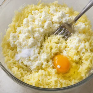 Farmer cheese, egg, and salt added to finely riced potatoes