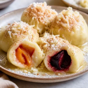 Finished Czech fruit dumplings with sweet cheese, butter, sugar, and fruit filling