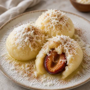 Warm fruit dumplings finished with powdered sugar, grated cheese, and cinnamon