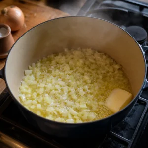 Chopped onion softening in butter and olive oil in a soup pot.