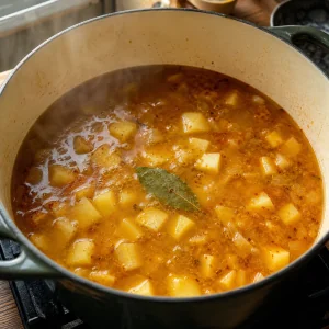 Diced potatoes simmering in golden broth with paprika and a bay leaf.