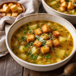 Finished Czech garlic potato soup topped with croutons and herbs.