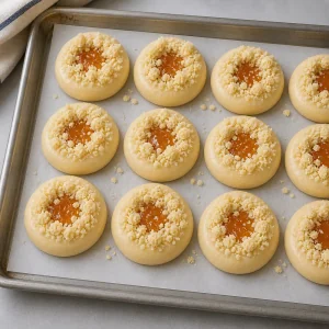 Apricot kolache topped with crumbs before baking