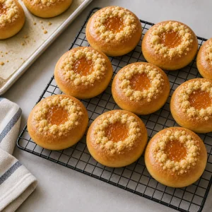 Baked apricot kolache cooling on a wire rack