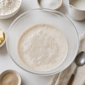 Foamy yeast mixture in a mixing bowl