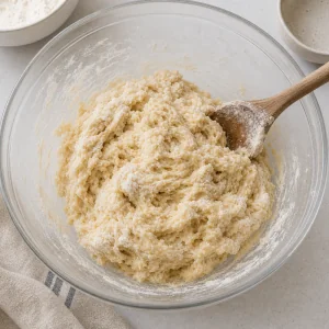 Shaggy kolache dough in a mixing bowl