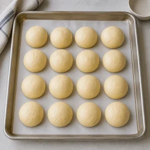 Shaped dough balls on a parchment-lined tray