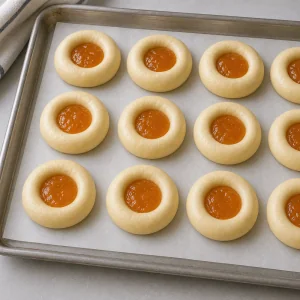 Unbaked kolache filled with apricot preserves