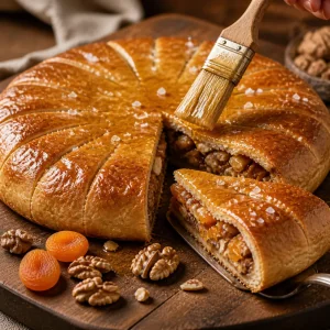Torta Botlikh pincelada com mel e fatiada para servir