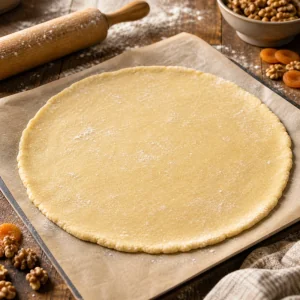 Massa redonda aberta sobre papel manteiga