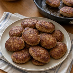 Cooked frikadeller resting on a warm plate