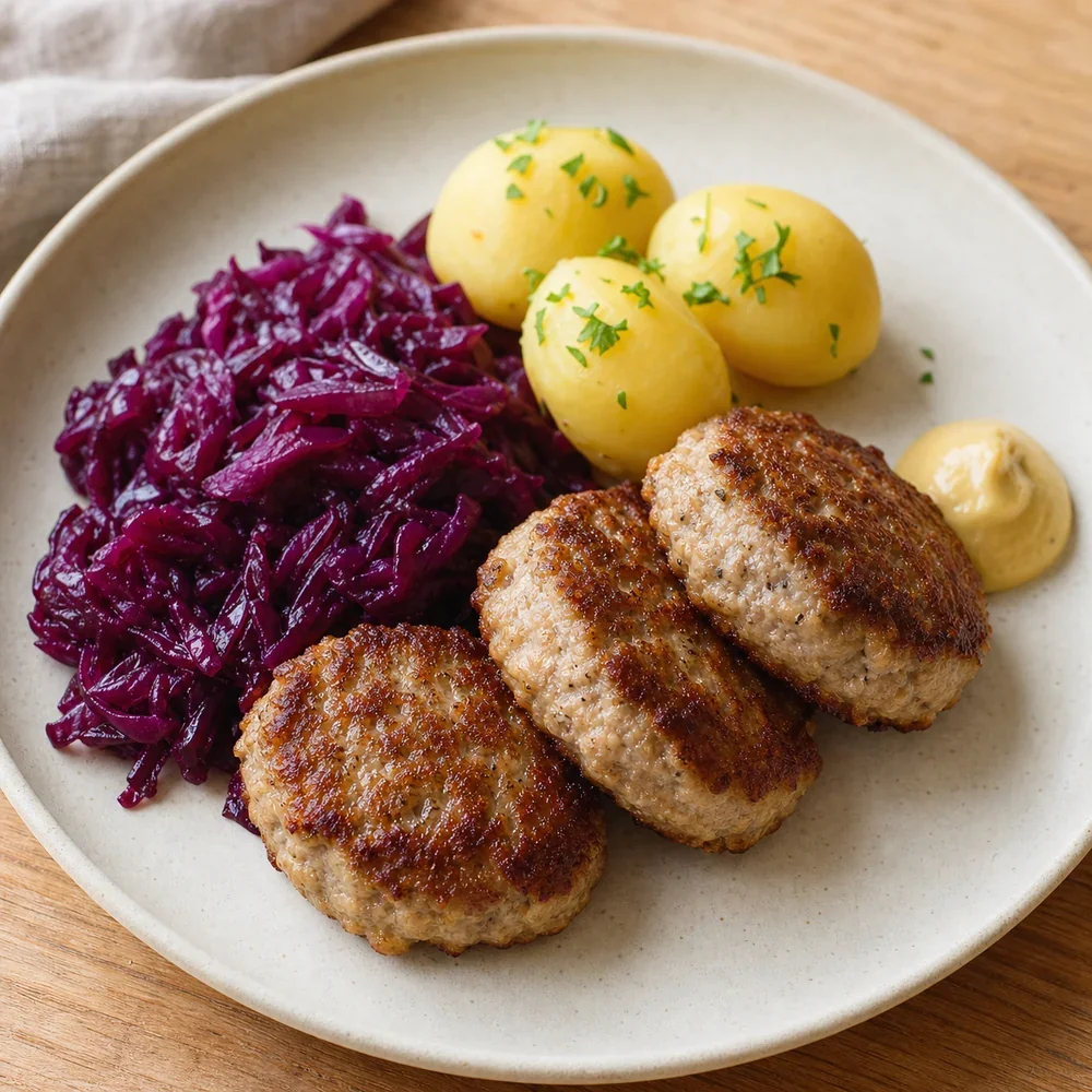 Danish frikadeller served with red cabbage and boiled potatoes