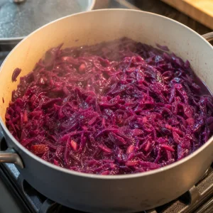 Glossy red cabbage simmering in a saucepan