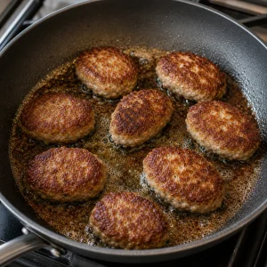 Oval frikadeller browning in a skillet with butter