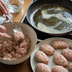 Pork mixture shaped into oval frikadeller with two spoons