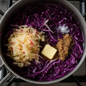 Red cabbage, grated apple, sugar, and butter combined in a saucepan