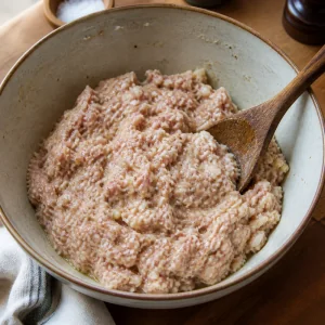 Sticky pork frikadeller mixture stirred in a bowl