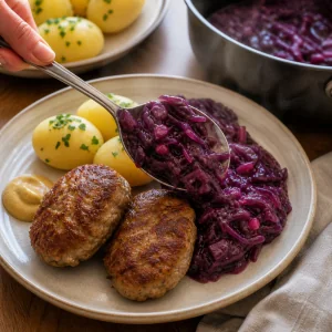 Warm red cabbage spooned beside frikadeller for serving