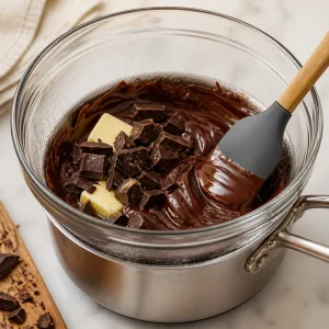 Chocolate and butter melting with chopped dark chocolate in a heatproof bowl.