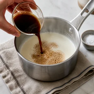 Dissolved espresso being poured into warm steaming cream with sea salt nearby.