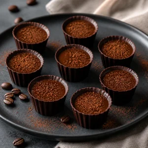 Finished dark chocolate mini coffee cups filled with espresso ganache and dusted with cocoa powder.