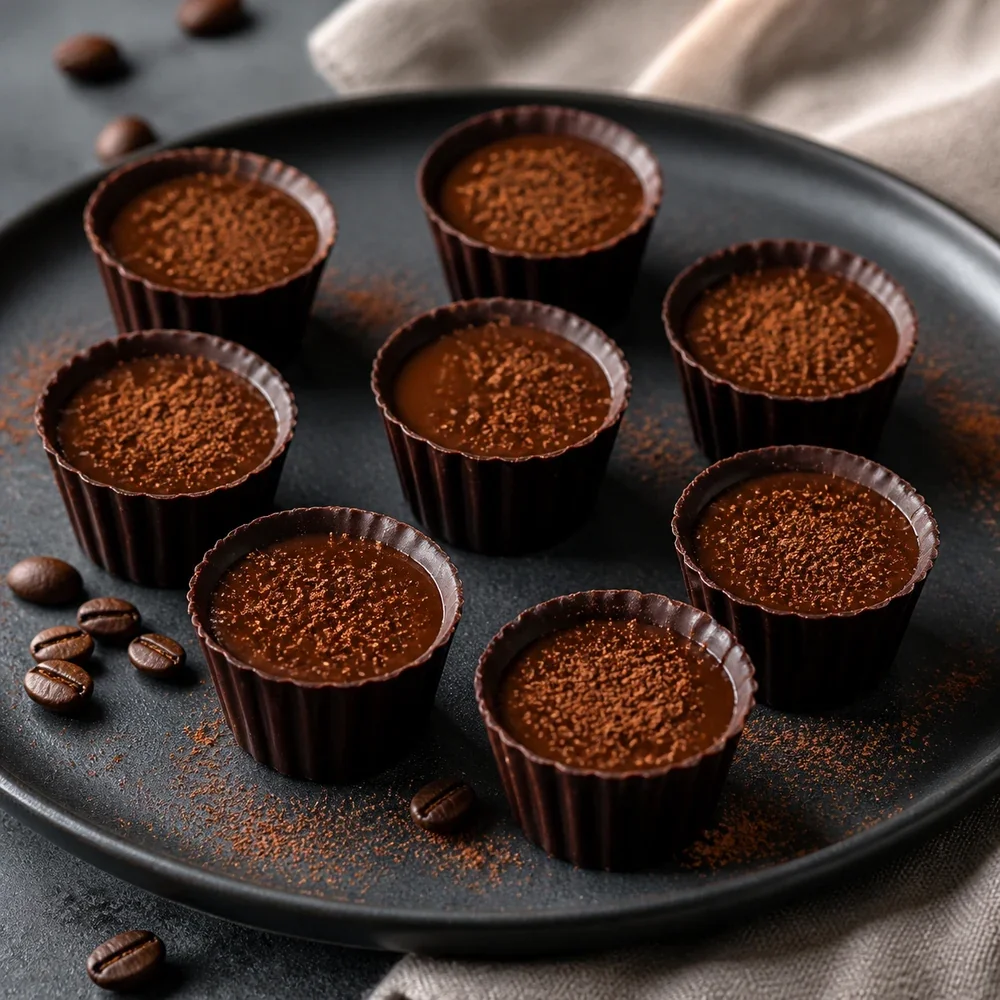 Finished dark chocolate mini coffee cups filled with espresso ganache and dusted with cocoa powder.