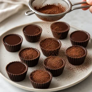Finished mini chocolate ganache cups being dusted with cocoa powder from a fine sieve.