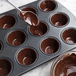 Melted dark chocolate being spooned into mini muffin molds to coat the bottoms and sides.