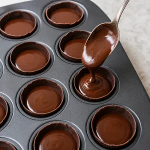 Set dark chocolate shells being filled three-quarters full with glossy espresso ganache.
