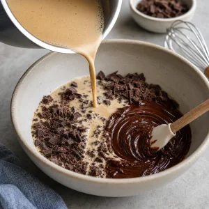Warm espresso cream being poured over chopped dark chocolate to make glossy ganache.