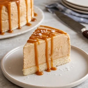 Fatia limpa de bolo de sorvete de caramelo servida com mais caramelo e flor de sal