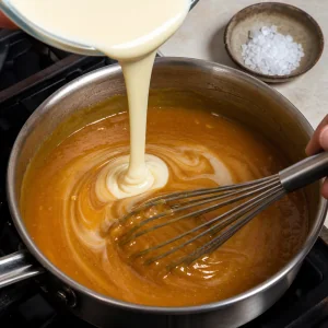 Leite condensado misturado ao caramelo salgado com sal marinho por perto