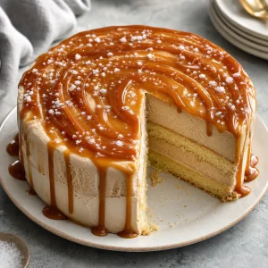 Bolo de sorvete de caramelo finalizado com calda de caramelo salgado e uma fatia limpa mostrando as camadas de bolo e sorvete
