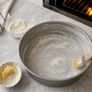 Forma redonda untada e enfarinhada para o bolo de sorvete de caramelo
