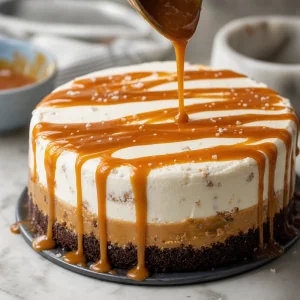 Calda de caramelo salgado derramada generosamente sobre o bolo de sorvete de caramelo