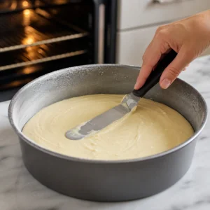 Massa de bolo de baunilha alisada em forma redonda preparada antes de assar