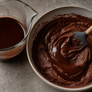 Chocolate coffee mixture folded into glossy cake batter