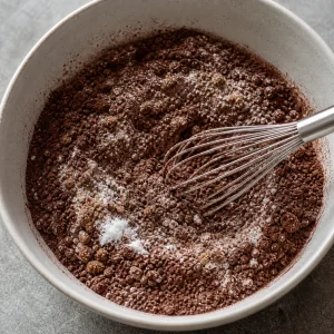 Cocoa, flour, sugars, leaveners, and salt whisked in a bowl