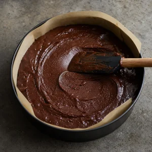 Dark chocolate cake batter smoothed in a parchment-lined pan