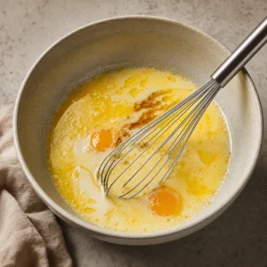 Eggs, milk, melted butter, oil, and vanilla whisked together